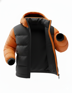 Blouson matelassé imperméable noir et orange pour homme, à capuche, chaud pour l'hiver, zippé, style streetwear, coupe ajustée, avec logo frontal - Product Image 2