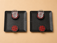 Ensemble de service multifonctionnel 3 pièces traditionnel en fibres végétales, motif nature morte, plateaux rectangulaires noirs, sous-verres rouges, décoratif