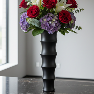 Vase à fleurs moderne en aluminium coulé noir mat, design bambou côtelé, vase pilier minimaliste moderne pour la décoration de la maison et du bureau - Product Image 1