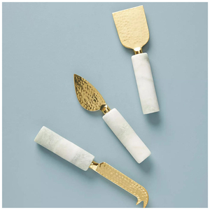 Juego de cuchillos para queso de acero inoxidable dorado con mangos artesanales con incrustaciones de nácar, elegantes herramientas para servir charcutería en venta - Product Image 3
