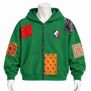 Sudadera con capucha y cremallera completa de patchwork verde, estilo oversized, con estampado de parches, informal, estilo streetwear para hombre. - Product Image 1