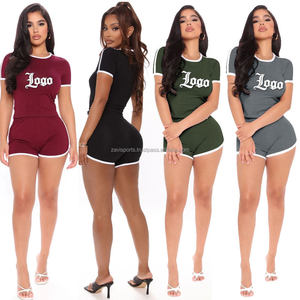 OEM Service Hot Selling Solid 2 Piece <b>Set</b> Women 100% Cotton Canvas Above Knee T-shirt Shorts Customized Logo Women's Casual <b>Set</b> - Product Image 4