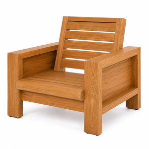 Chaise de jardin d'extérieur en teck massif de design scandinave avec larges accoudoirs, dossier à lattes horizontales, pieds sabre, imperméable et durable - Product Image 1