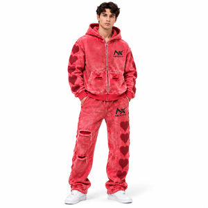 <b>Men</b>’s Red Washed Heart Print Distressed <b>Zip</b> Up Hoodie <b>Jogger</b> Set and tracksuit Custom Streetwear Fashion - Product Image 1