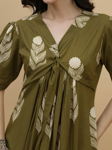 Olive Green <b>Floral</b> Printed Midi Dress With Puff Sleeves V-Neck Wrap And <b>Tie</b> Casual Loose Fit Breathable Woven Fabric - Product Image 5