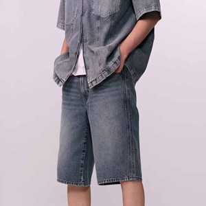 Pantalones Cortos Bermuda de Algodón Lavado a la Piedra para Hombre, de Cintura Media, con Botones, Estilo Casual, de Mezclilla Sólida - Product Image 3