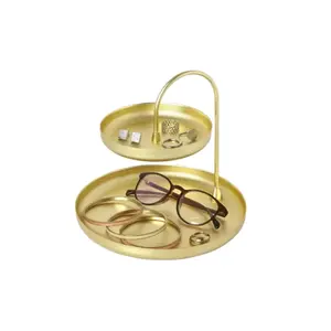 Поднос классический для ювелирных изделий, металлический лоток золотого цвета с современным дизайном, искусно спаянный вокруг стекла, с традиционной коробкой для инструментов