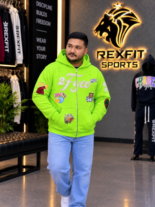 Sudadera con capucha verde neón personalizada para hombre, estilo urbano, con bordado gráfico, forro polar oversize y parches, ropa deportiva OEM - Product Image 4