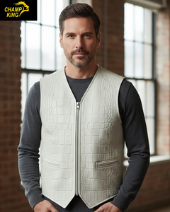 Chaleco de Cuero Repujado para Hombre Champ King, Cuello en V, Cierre de Cremallera, Ropa Exterior Informal Elegante, Otoño, Blanco - Product Image 4