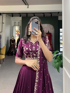 Wine Faux Vichitra <b>Silk</b> Embroidered Sequins Lehenga Wedding Wear - Product Image 4