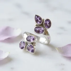 925 Sterling Silver Amethyst Gemstone <b>Ring</b> Set Handmade Jewelry Purple Faceted Stones Leaf Design Elegant <b>Statement</b> <b>Rings</b> - Product Image 2