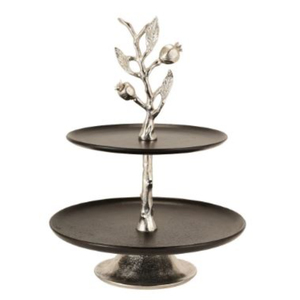 Plateau de service en métal argenté à 2 niveaux avec motif de feuilles anciennes, idéal pour la présentation de bonbons et desserts, excellent prix. - Product Image 3