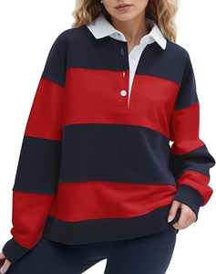 Polo à manches longues pour femme, color-block, décontracté, tricoté, 100 % polyester, longueur standard, col rouge, marine et blanc - Product Image 5
