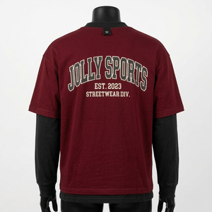 เสื้อยืดคอตตอนพรีเมียม 220 GSM สีแดงเลือดหมู แขนยาวพิมพ์ลายโลโก้ เสื้อยืดแขนสองชั้นสำหรับผู้ชาย - Product Image 2