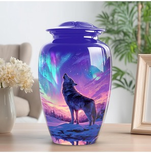 Urna Funeraria Grande de Aluminio Plateado para Mascotas con Lobo Ulugando y Luna Creciente Grabados, Urna Conmemorativa con Tapa - Product Image 4