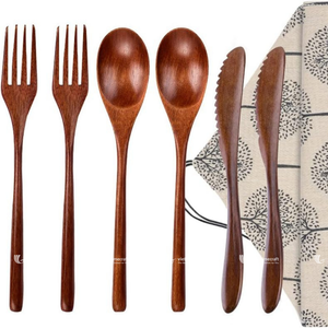 Juego de Cubiertos de Madera Ecológicos Hechos a Mano, Kit de Cuchara, Tenedor y Cuchillo de Madera Natural Reutilizable - Product Image 1