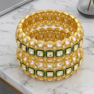 925 Silver 925 Silver Monzo Bangles Green Stone Crystal Designer <b>Kada</b> Set for Women's Everyday Wear Jewelry - Product Image 4