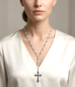 Handmade <b>Blue</b> Crystal Beaded Rosary <b>Necklace</b> with Silver Tone Cross Pendant Christian Prayer <b>Necklace</b> Religious Catholic Jewelry - Product Image 4