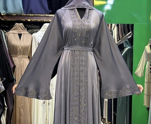 Modest Wholesale Umbrella Abaya Stone Work Handmade Sequined Arabic Dubai Style Full Flare Nida Fabric Evening Party Dress - Product Image 3