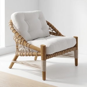 Fauteuil lounge en corde tressée avec cadre en bois de style côtier, dossier et accoudoirs rembourrés, pour espaces de vie et projets hôteliers, destiné aux acheteurs en gros - Product Image 1