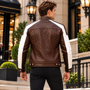 Chaqueta de Motero de Invierno para Hombre, de Cuero Vacuno Marrón, con Cuello Alto, Tachuelas, Diseño Motorrad y Forro de Seda - Product Image 3