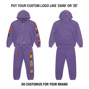 Premium Winter Solid 100% Cotton Fleece Breathable Tracksuit <b>Purple</b> Garment Washed Zip Hoodie Jogger Set Custom Applique Logo - Product Image 1
