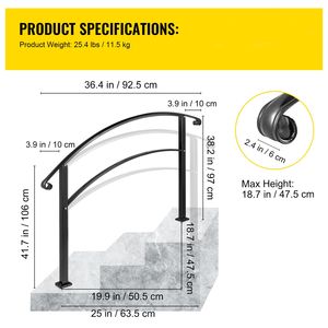 Rampe d'escalier extérieure en fer forgé noir pour 1 à 3 marches, rampe flexible pour porche, dispositifs d'aide à la mobilité extérieure - Product Image 4