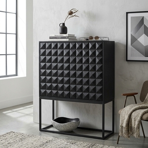 Dice Tall Black Modern Wooden Storage <b>Drawer</b> Cabinet Organizer Featuring Geometric Diamond Pattern Carved Facade Metal Base - Product Image 2