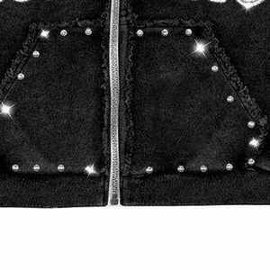 Sudadera con capucha negra personalizada para hombre, con cremallera, de peso pesado, diseño de llamas con pedrería brillante, estilo hip hop, corte holgado, invierno, digital - Product Image 4