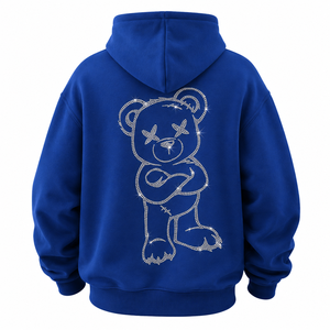 Sweat à capuche zippé personnalisé bleu avec strass pour hommes et femmes, style streetwear oversize, imprimé lettres en cristal, vente en gros - Product Image 3