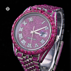 Montre de luxe personnalisée en acier inoxydable avec mouvement ETA, verre de quartz rose Moissanite, diamants incrustés, chiffres romains, 20 mm, pour hommes et femmes - Product Image 2