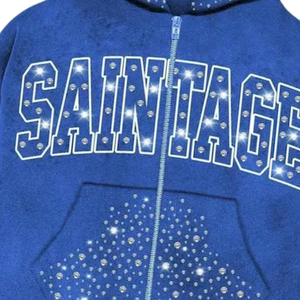 Blue Rhinestone Hoodie Zip Up Men Custom Logo Cotton Fleece Oversized Streetwear Sweatshirt Tracksuit Top Wholesale Supplier - Product Image 6