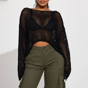 Hot Selling <b>Summer</b> Sexy Black Full Sleeves <b>Cardigan</b> Solid Breathable Knitted Crop Top Women Sweaters Knitted Top - Product Image 1