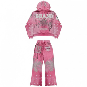 Survêtement Y2K rose tendance pour homme, en molleton épais délavé à l'acide, écoresponsable, avec sweat à capuche zippé et pantalon large, détails en strass - Product Image 2