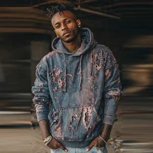 Hoodie Homme Streetwear Effet Usé avec Manches Détachées et Épaules Tombantes - Product Image 2