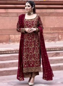 FANCY GEORGETTE EMBROIDERY STONE WORK TOP PALAZZO WITH DUPATTA MAROON 411 - Product Image 1