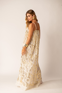 Vestido Maxi Elegante Beige para Mujer, Cuello en V, Cintura Alta, 100% Algodón Ecológico, Estampado Digital, con Volantes, Fluido, para Vacaciones de Verano - Product Image 5