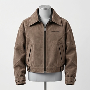 <b>Mens</b> Taupe <b>Suede</b> <b>Jacket</b> Zip Front Wide Collar Slim Fit Utility Pockets Panel Stitching Custom OEM ODM Wholesale - Product Image 3
