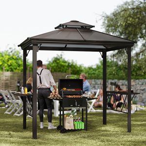 Outdoor Metal Pergola <b>Canopy</b> with 6 Hooks for Utensils Double Venting <b>Roof</b> for Porch BBQ & Coffee Outdoor Furniture - Product Image 2