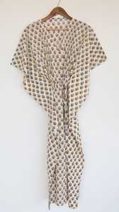Robe kaftan en coton beige à fleurs, taille à cordon, style bohème, pour l'été - Product Image 4
