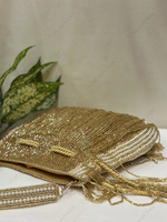 Pochette de soirée de luxe indienne, style Potli, à franges et pompons perlés dorés, entièrement artisanale, pour mariage, fête, mariée et occasions festives
