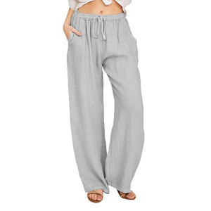 Pantalones Anchos Casuales de Verano, Lisos, de Lino Ligero, Cintura Media Elástica, Nuevo Estilo para Mujer - Product Image 5