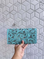 Nouveau Portefeuille Western en Cuir Sculpté à la Main, Pochette Téléphone Élégante Couleur Turquoise, Portefeuille Western en Cuir pour Femme Multi-usages