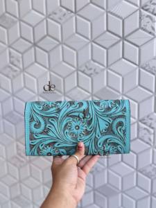 Nouveau Portefeuille Western en Cuir Sculpté à la Main, Pochette Téléphone Élégante Couleur Turquoise, Portefeuille Western en Cuir pour Femme Multi-usages - Product Image 3