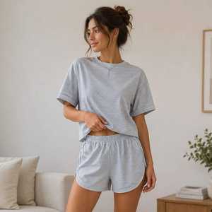 Ensemble short rayé 2 pièces pour femme, t-shirt à manches courtes, coupe ample, col rond, décontracté, printemps-été, 100 % coton tricoté respirant - Product Image 2