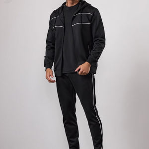 Ensemble de survêtement décontracté pour homme, noir, à capuche, respirant, design 2-en-1, manches longues, couleur unie, poids moyen, 100 % coton, avec cordon de serrage - Product Image 3