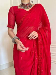 Premium Modern Faux Fur Reversible <b>Saree</b> with Beads Embellishment for Party Wear - Product Image 5