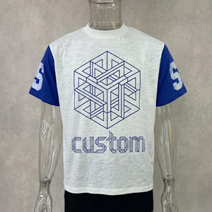 T-shirt à manches courtes pour homme, imprimé géométrique personnalisé, col rond, jersey décontracté en coton respirant, coupe classique, blanc et bleu - Product Image 1