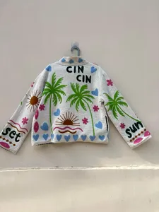 Chaqueta Reversible de Lino y Algodón Blanco Bordada a Mano para Mujer con Tema de Playa Tropical - Product Image 3