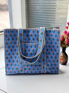 Custom Wholesale White Royal Blue Floral Motif Cotton Kantha Quilted Storage Tote <b>Bag</b> Women Shoulder Travel Carrying Handbag Str - Product Image 5